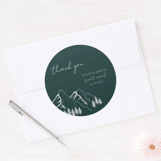 Mountains Pine Tree Emerald Green Thank You Classic Round Sticker (Envelope)