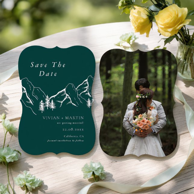 Mountains Pine Tree Emerald Photo Save The Date Invitation (Creator Uploaded)