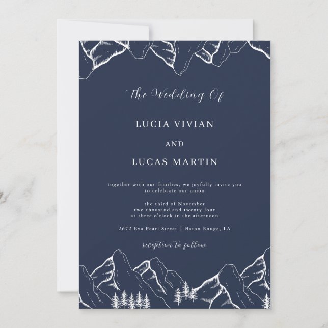 Mountains Pine Tree Navy Blue QR Code Wedding Invitation (Front)