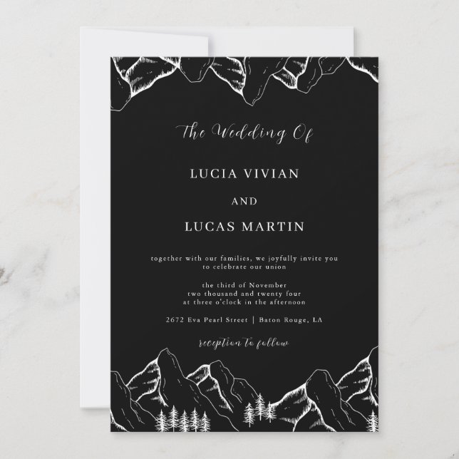 Mountains Pine Tree QR Code Black Wedding Invitation (Front)