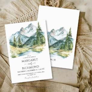 Mountains Pine Tree watercolor Rustic Wedding Invitation