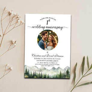 Mountains Pine Trees 1st Wedding Anniversary Photo Invitation