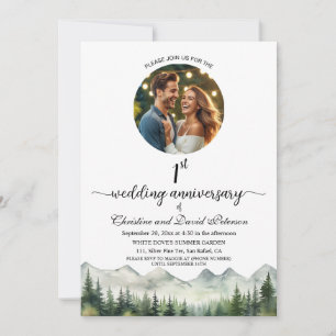 Mountains Pine Trees 1st Wedding Anniversary Photo Invitation