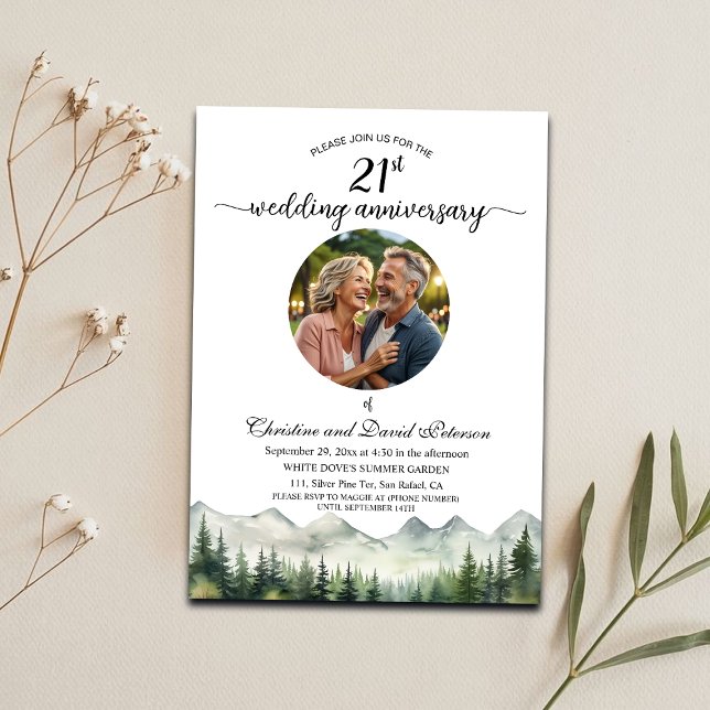 Mountains Pines 21st Wedding Anniversary Photo Invitation (Creator Uploaded)