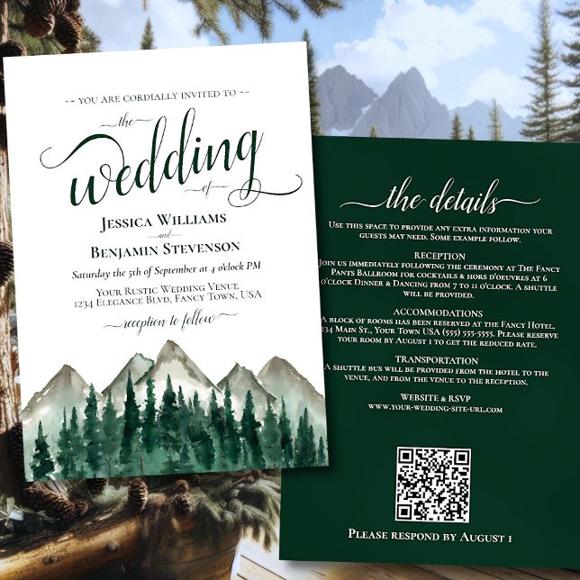 Mountains & Pines Calligraphy & QR Code Wedding Invitation (Front/Back)