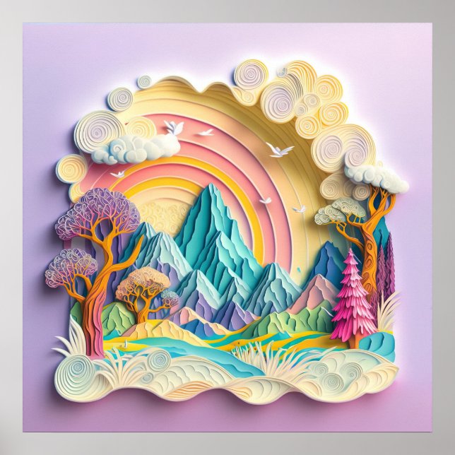 Mountains Rainbow Faux Cut Out Paper Poster (Front)