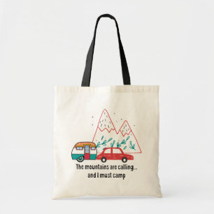 Mountains, Red Car and Vintage Teardrop Camper Tote Bag