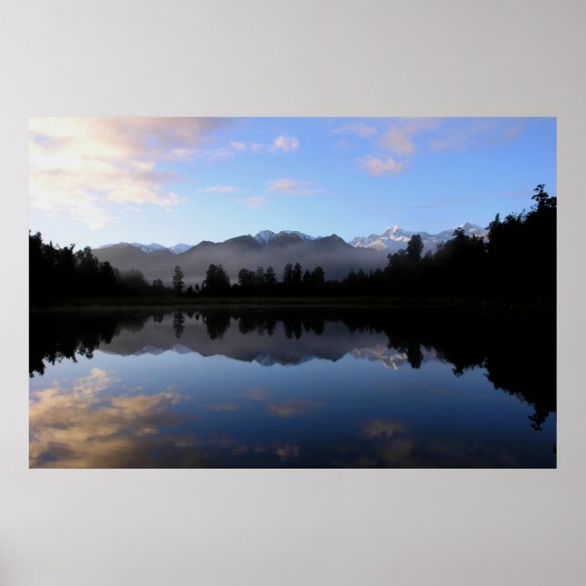 Mountains Reflected Over Lake Matheson New Zealand Poster (Front)