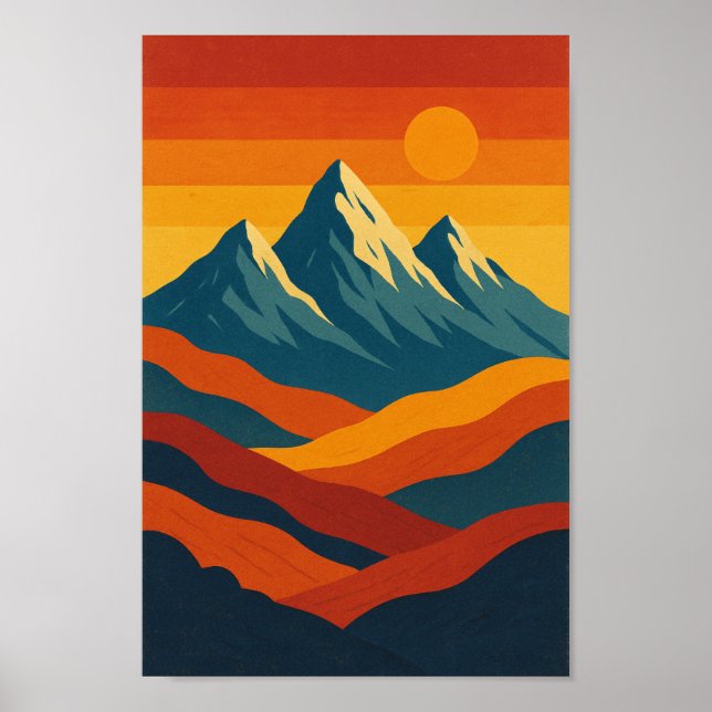 Mountains retro landscape illustration red blue poster (Front)