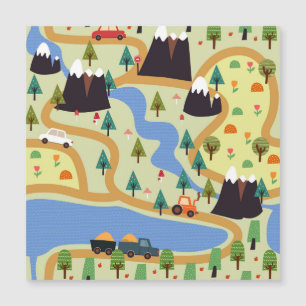 Mountains, rivers, forest, car pattern.