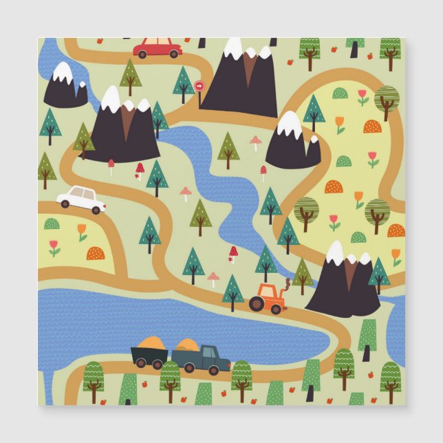 Mountains, rivers, forest, car pattern. (Front)