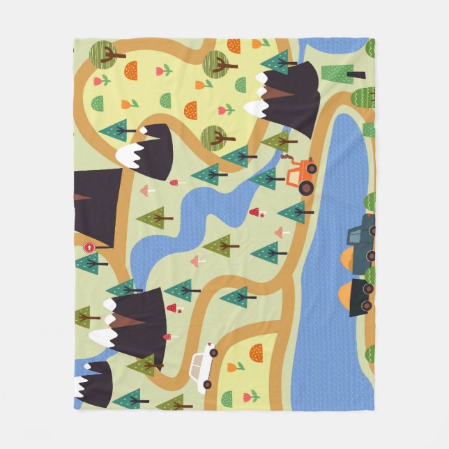 Mountains, rivers, forest, car pattern. fleece blanket (Front)