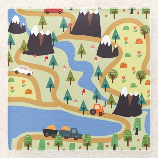 Mountains, rivers, forest, car pattern. glass coaster (Front)