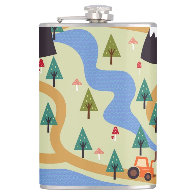 Mountains, rivers, forest, car pattern. hip flask (Front)