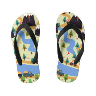 Mountains, rivers, forest, car pattern. kid's flip flops