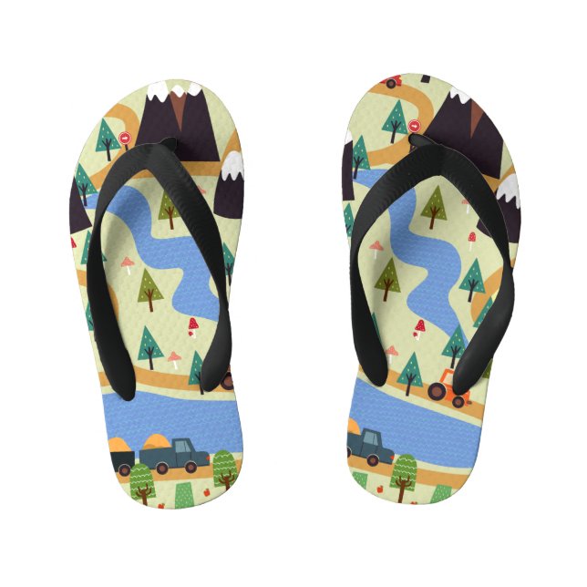 Mountains, rivers, forest, car pattern. kid's flip flops (Footbed)