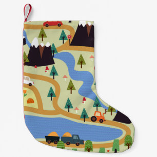Mountains, rivers, forest, car pattern. small christmas stocking