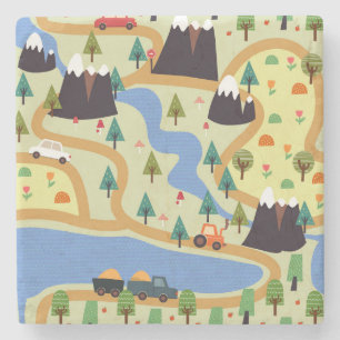 Mountains, rivers, forest, car pattern. stone coaster