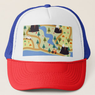 Mountains, rivers, forest, car pattern. trucker hat