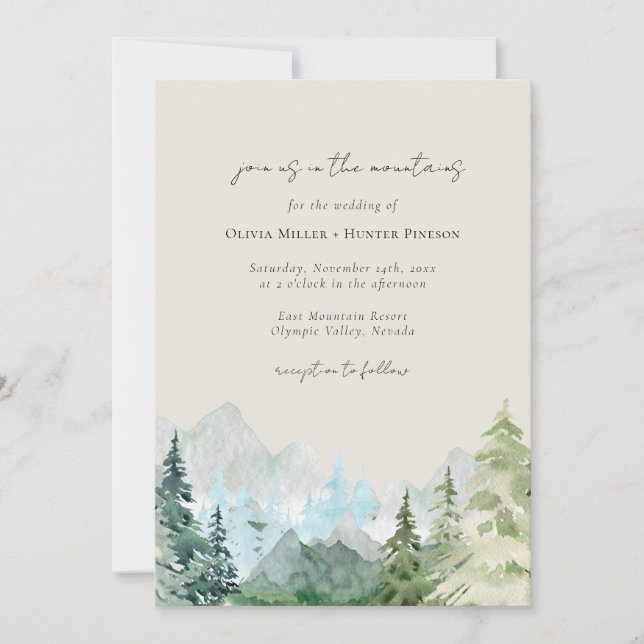 Mountains Rustic Forest QR Code All in One Wedding Invitation (Front)