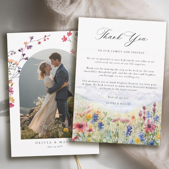Mountains Scene Rustic Meadow Wildflowers Wedding Thank You Card (mountains wedding thank you card boho arch photo wildflowers meadow floral watercolor)