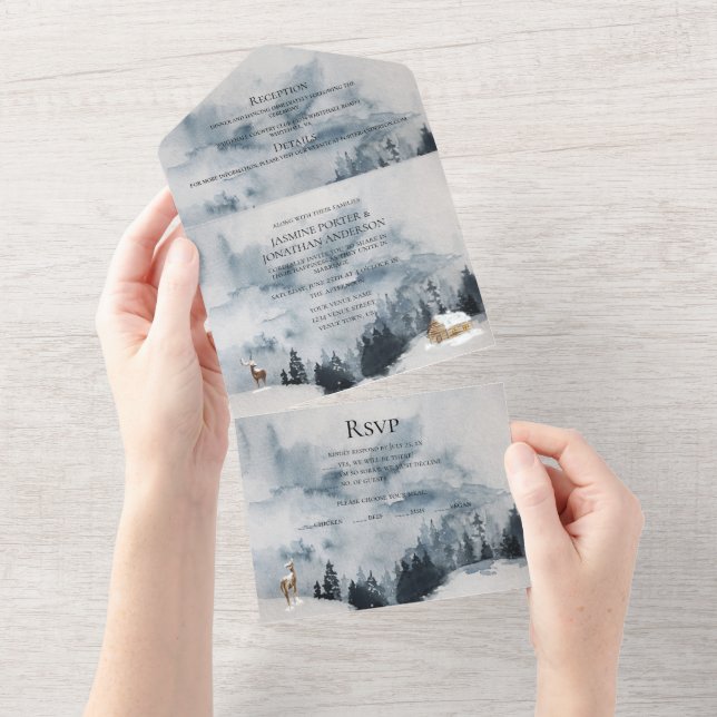 Mountains, Snow, Forest, Cabin Wedding | All In One Invitation (Tearaway)
