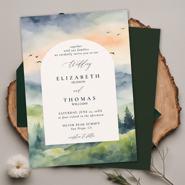 Mountains Sunrise Dream Boho Frame Wedding Invitation (mountains wedding invitation romantic sunrise rustic outdoors forest pine birds landscape boho frame)