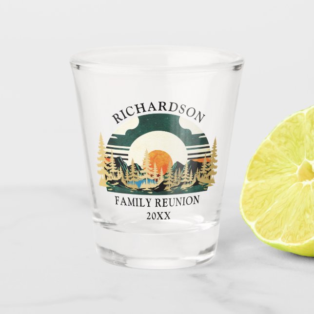 Mountains Sunset Green Custom Camp Family Reunion Shot Glass (Front)