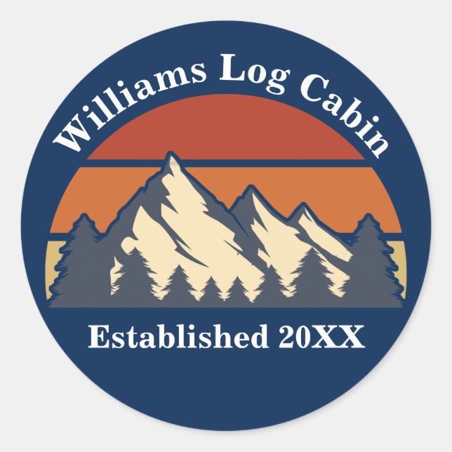 Mountains Sunset Woods Custom Blue Company Name Classic Round Sticker (Front)