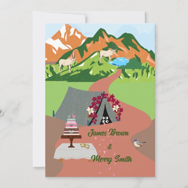 Mountains Tent Eyes Cake Rings Animals Wedding Invitation (Front)