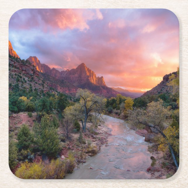 Mountains | The Watchman Zion Nathional Park Utah Square Paper Coaster (Front)