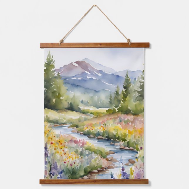Mountains Trees Nature Watercolor Creek Scene  Hanging Tapestry (Front)