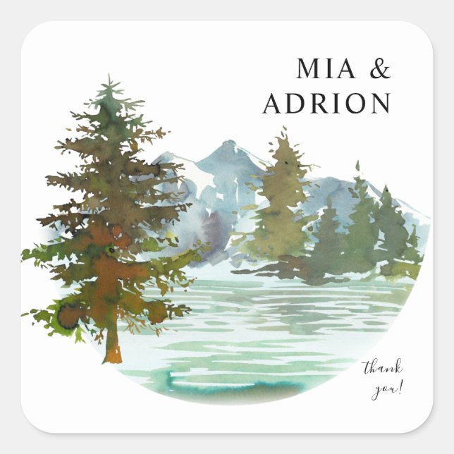 Mountains & Trees Rustic Thank You Square Sticker (Front)