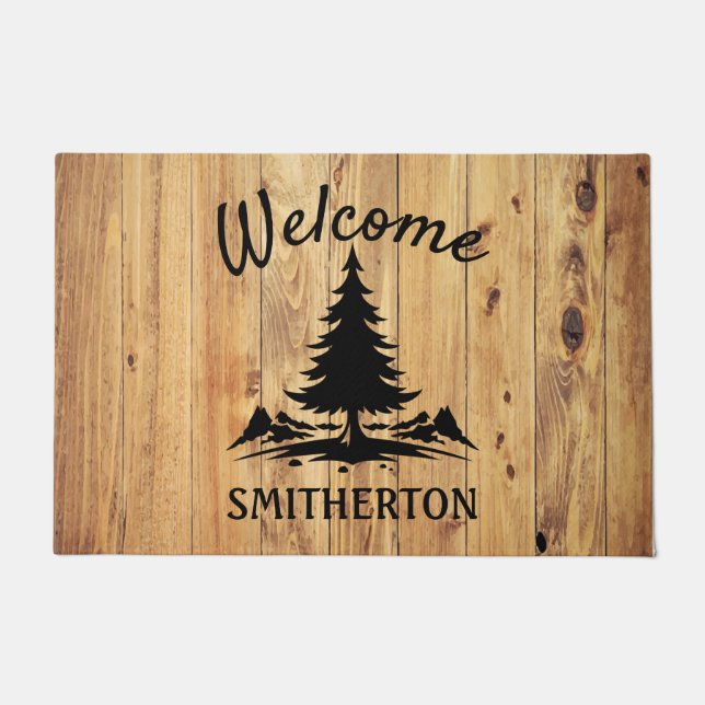 Mountains Trees Rustic Wood Family Name Doormat (Front)