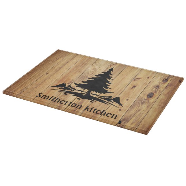 Mountains Trees Rustic Wood Family Name Glass Cutting Board (Corner)