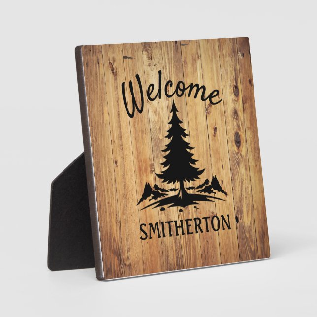 Mountains Trees Rustic Wood Family Name Plaque (Front)