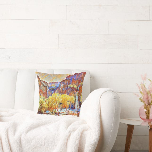 Mountains Trees Waterfall Abstract oil painting   Cushion (Couch)