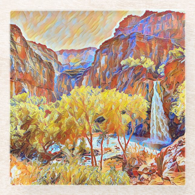 Mountains Trees Waterfall Abstract oil painting   Glass Coaster (Front)