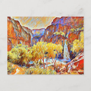 Mountains Trees Waterfall Abstract oil painting   Postcard