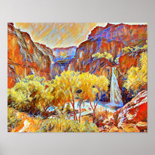 Mountains Trees Waterfall Abstract oil painting  Poster