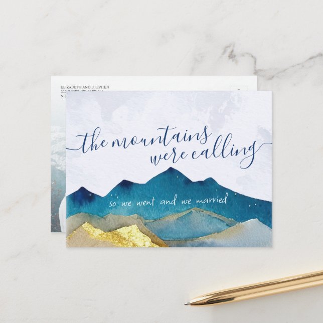 Mountains Were Calling Photo Wedding Announcement Postcard (Front/Back In Situ)