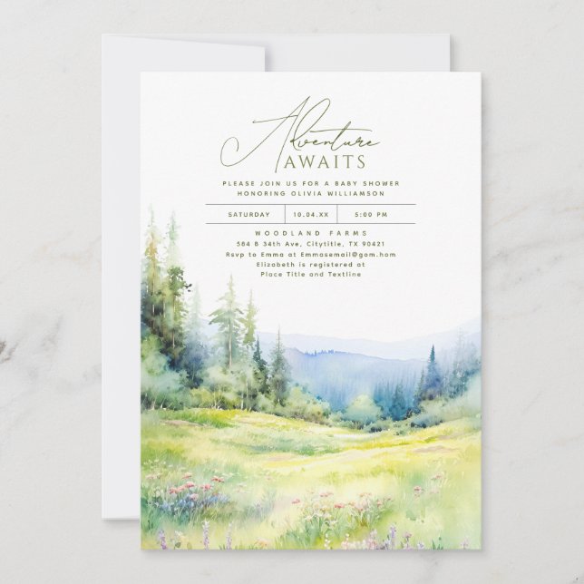 Mountains Wildflowers Adventure Awaits Baby Shower Invitation (Front)