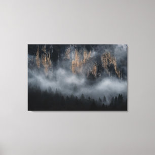 Mountains with fog through spruce forest canvas print