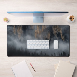 Mountains with fog through spruce forest desk mat