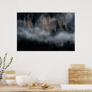 Mountains with fog through spruce forest poster