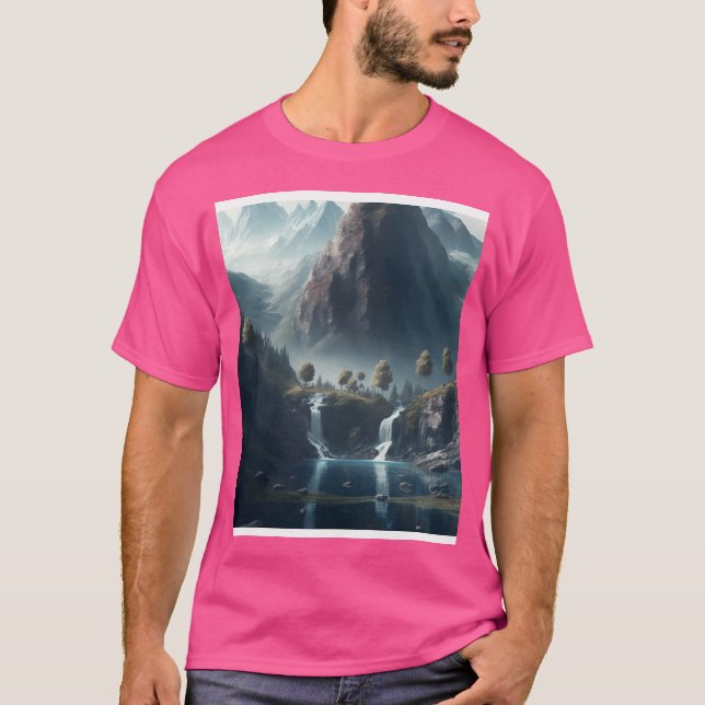 Mountains With Waterfalls And Tress Wall Art Graph T-Shirt (Front)