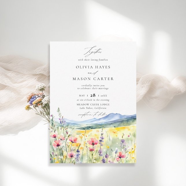 Mountains Woods Rustic Meadow Wildflowers Wedding Invitation (mountains wedding invitation wildflowers outdoors woodland rustic elegant modern classic)