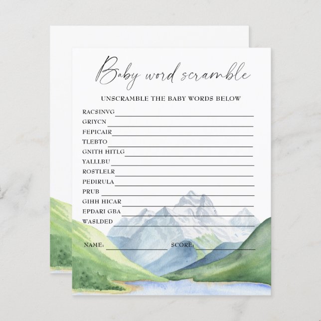 Mountains - word scramble baby shower game (Front/Back)