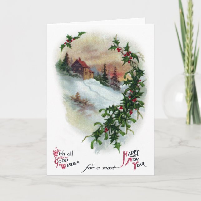 Mountainside in Winter Vintage New Year Holiday Card (Front)