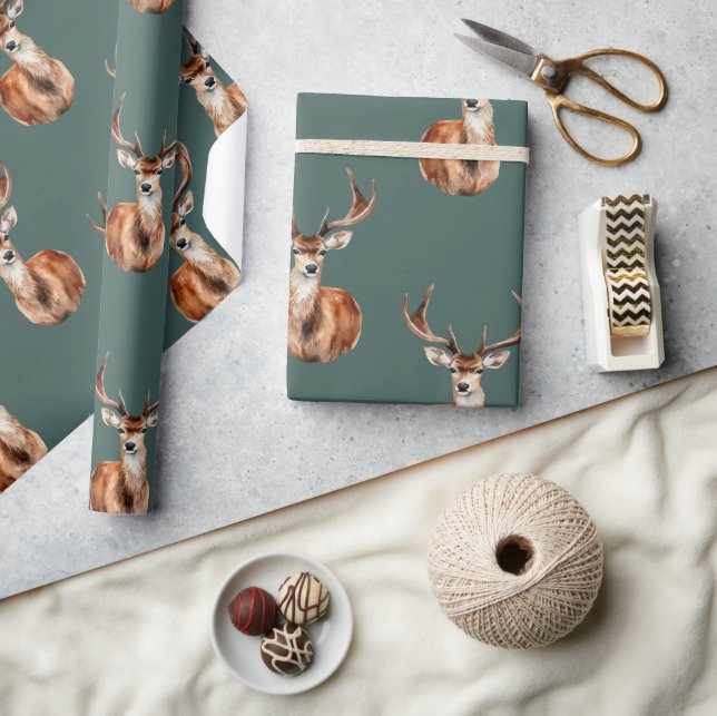 Mounted Deer Head Wildlife Green Holiday Wrapping Paper (Crafts)
